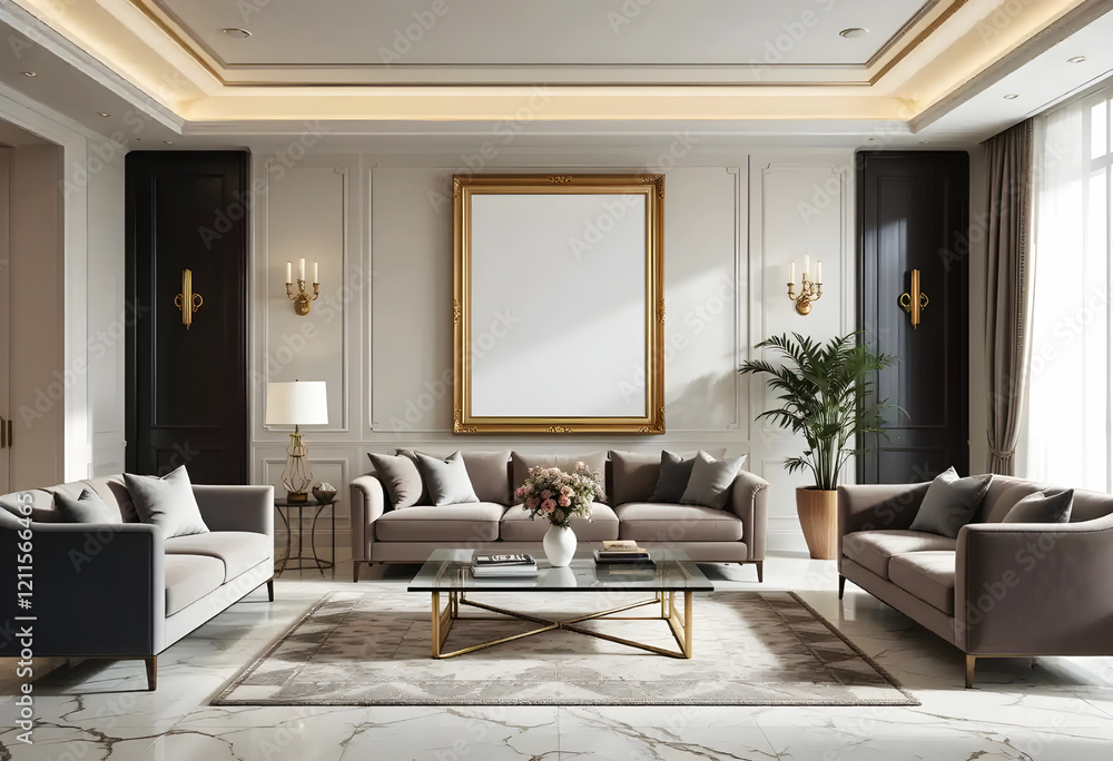 Fototapeta premium Contemporary Living Room Poster frame Mockup | ISO A Paper Size | Elegant Wall Art Display