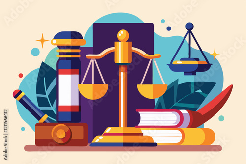 An illustration showcasing gavel, scales of justice, and law books emphasizing the theme of jurisprudence, Jurisprudence and legislation