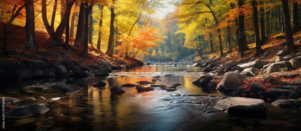 Serene autumn forest river with vibrant orange and yellow foliage reflecting in calm waters surrounded by smooth stones in peaceful fall landscape Serene autumn forest river with vibrant orange and yellow foliage reflecting in calm waters surrounded by smooth stones in peaceful fall landscape