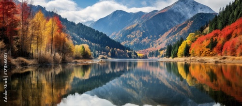 Wallpaper Mural Scenic autumn panorama of a tranquil mountain lake reflecting vibrant orange and yellow foliage with majestic mountains in the background and clear blue skies. Torontodigital.ca