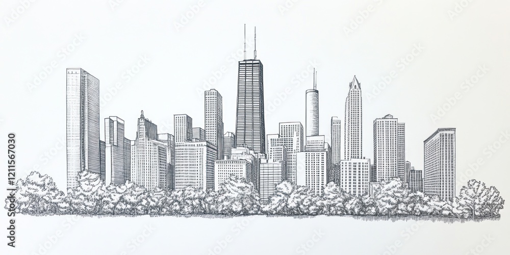 Fototapeta premium A Pen Sketch Depicting Chicagos Skyline And Trees
