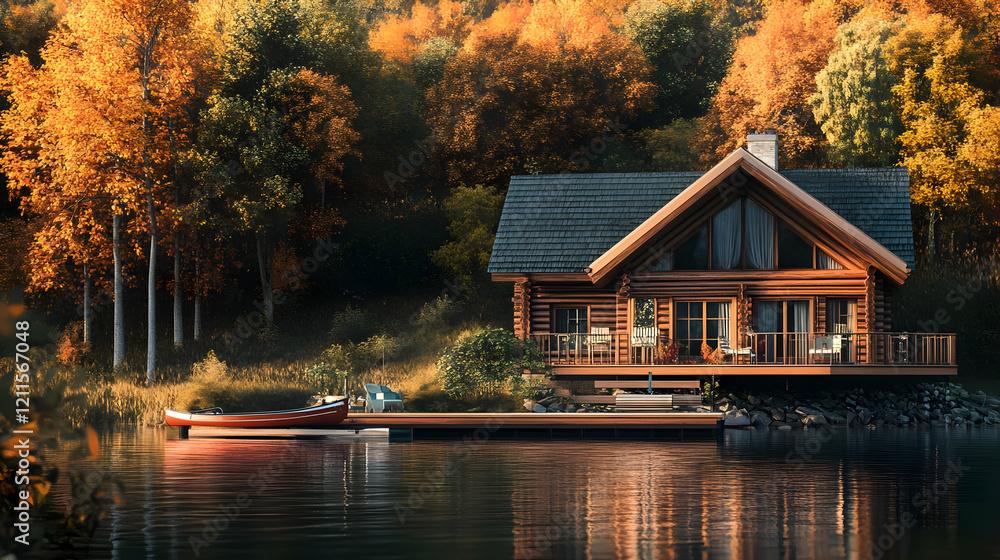 Fototapeta premium Dreamy Autumn Lake House: Scenic Log Cabin in Vibrant Fall Foliage