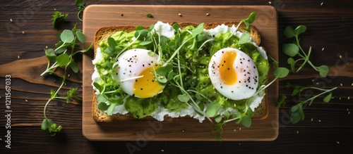 Avocado toast topped with perfectly poached egg whites and fresh pea shoots on a rustic wooden board against a dark background