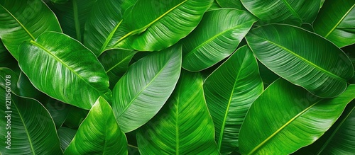 Lush green tropical leaves arranged densely creating a vibrant backdrop with varying shades of emerald and lime for a lively poster design. photo