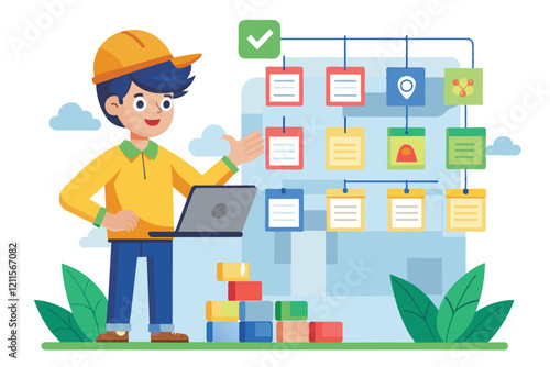 A person using a laptop to manage tasks with a kanban board, highlighting organization and efficiency, Kanban method Customizable Cartoon Illustration