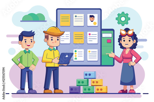 A team uses the kanban method in a modern workspace with a digital board and colorful task blocks, Kanban method Customizable Cartoon Illustration