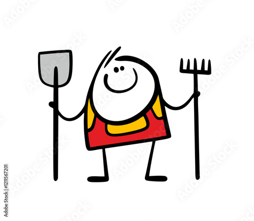 Cartoon happy farmer in a red jumpsuit holds a shovel and a rake. Vector illustration of a stickman in a uniform working on  farm, planting a vegetable garden. Isolated caricature on white background.