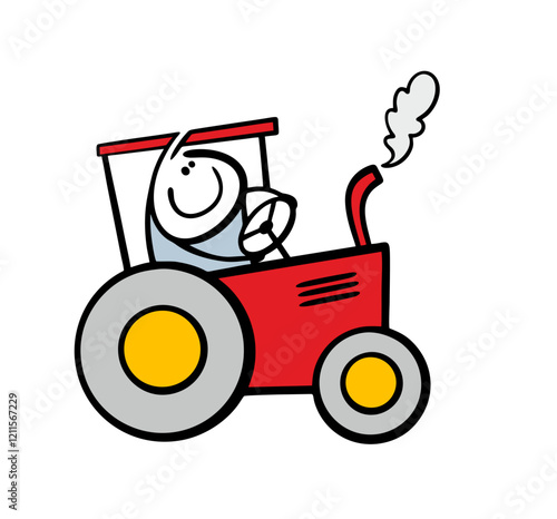 Funny stickman rides on a red tractor. Vector illustration of a tractor driver working on a farm. The farmer controls the machinery, plows the field. Isolated caricature on white background.