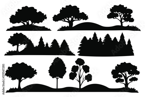  Different landscape with trees silhouettes set isolated flat vector illustration on white background.