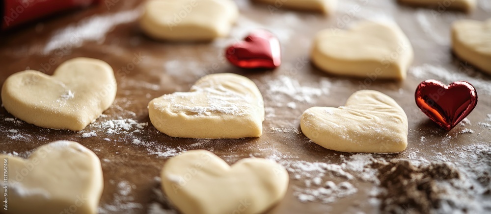 Baking sheet with heart-shaped cookie dough light tan and red metallic hearts scattered on a wooden surface ideal for baking and love themes Baking sheet with heart-shaped cookie dough light tan and red metallic hearts scattered on a wooden surface ideal for baking and love themes