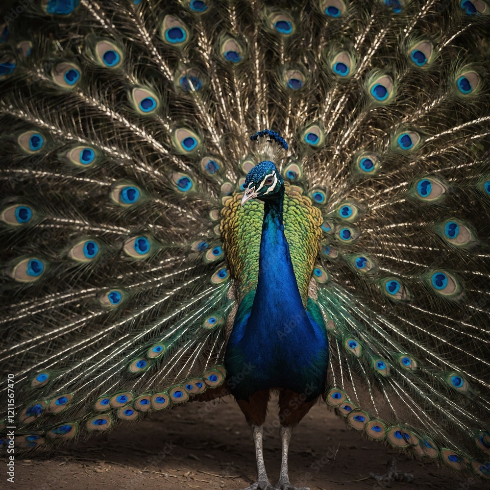 Fototapeta premium a male peacock with its tail feathers fully fanned out, showcasing a breathtaking display of iridescent colors, ranging from deep blue to vibrant green