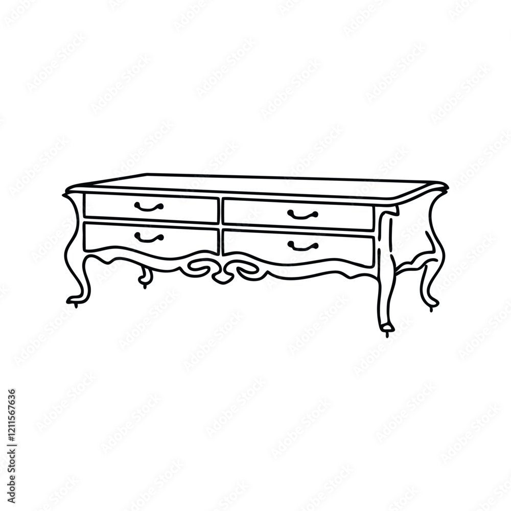 Dresser Furniture Hand drawn line art flat vector illustration on white background.