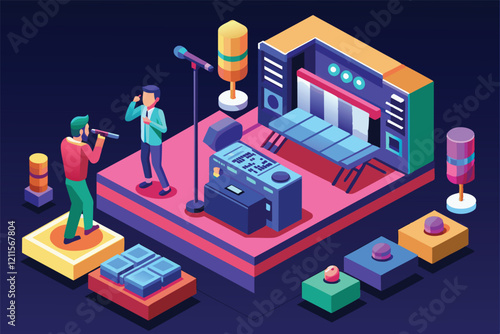 Two performers sing karaoke on a vibrant stage with microphones and a music setup, surrounded by colorful decor, Karaoke Customizable Isometric Illustration