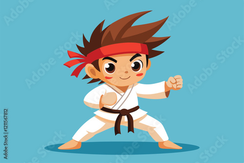 A determined boy in a white karate uniform stands confidently, ready to practice his martial arts moves, Karate boy cartoon