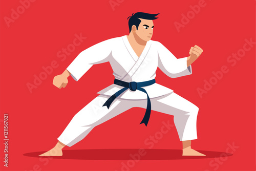 The martial artist strikes a powerful pose, showcasing skill and determination in a training session, Karate man in white kimono and black belt.