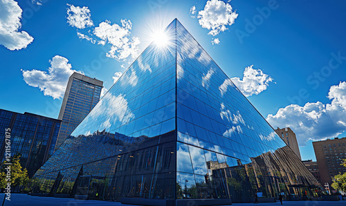 The fa ç ade of modern skyscrapers and glass curtain wall buildings in the city photo