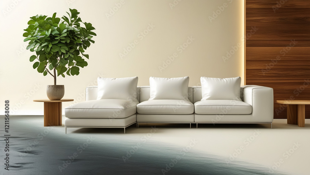 Fototapeta premium White minimalist living room interior with sofa on a wooden floor, decor on a large wall, white landscape in window. Home nordic interior. 3D