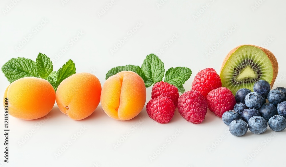 Fresh apricots, raspberries, blueberries, kiwi, mint leaves on white. Fresh apricots, raspberries, blueberries, kiwi, mint leaves on white.