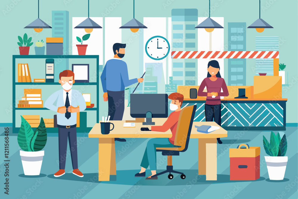 Office workers are staying safe by wearing masks and social distancing while at their desks and collaborating, keeping safe in the office Office workers are staying safe by wearing masks and social distancing while at their desks and collaborating, keeping safe in the office