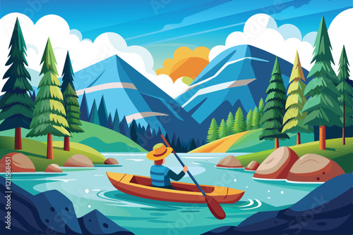 A person kayaks peacefully on a clear river surrounded by mountains and lush trees under a bright blue sky, Kayaking Customizable Semi Flat Illustration