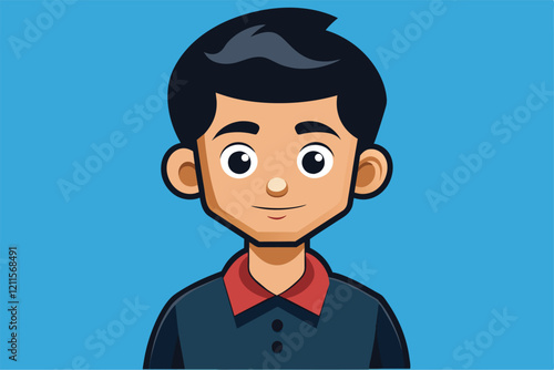 A cheerful cartoon character with black hair and a red shirt smiles against a bright blue background, Key Customizable Cartoon Illustration