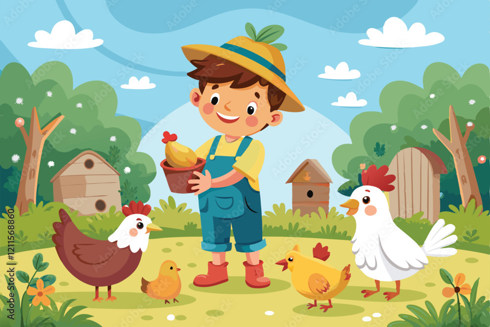 A young child happily feeds chickens in a colorful barnyard surrounded by trees and small birdhouses, Kid Feeding Chickens A young child happily feeds chickens in a colorful barnyard surrounded by trees and small birdhouses, Kid Feeding Chickens