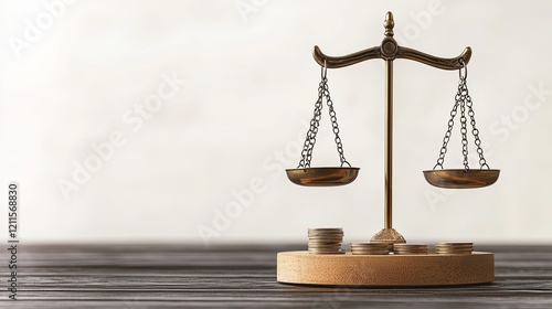 A classic balance scale symbolizing justice and fairness, set on a wooden base against a neutral background. photo