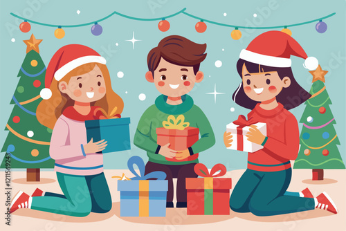 Kids excitedly unwrap colorful presents surrounded by Christmas decorations, Kids open their christmas gifts Customizable Disproportionate Illustration