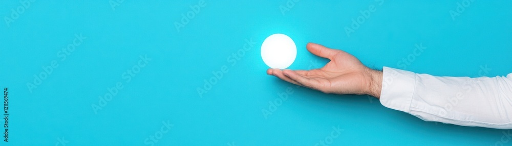 A Person's Hand Reaching Out to Hold a Bright White Sphere Against a Vibrant Blue Background, Symbolizing Ideas, Creativity, and Innovation