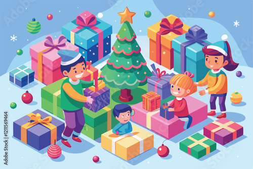 Children excitedly unwrap their Christmas gifts while gathered around a decorated tree and vibrant presents, Kids open their christmas gifts Customizable Isometric Illustration