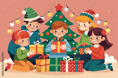 A joyful group of children gathers around a Christmas tree to unwrap presents during the holiday season, Kids open their christmas gifts Customizable Semi Flat Illustration