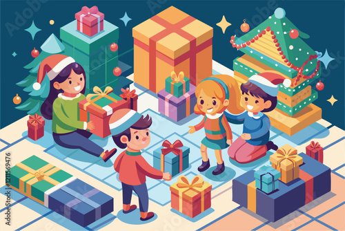 Children joyfully unwrap Christmas presents, celebrating the holiday spirit in a cheerful setting filled with gifts, Kids open their christmas gifts Customizable Isometric Illustration