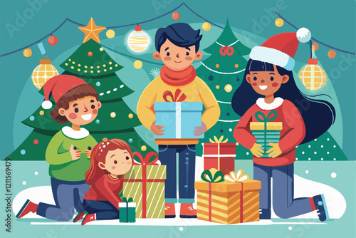 Children excitedly unwrap their Christmas presents while enjoying a festive holiday setting with decorations and lights, Kids open their christmas gifts Customizable Semi Flat Illustration