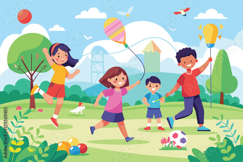 Kids are happily playing badminton and flying kites while enjoying the sunny weather in the park, Kids playing badminton and flying kites in the park