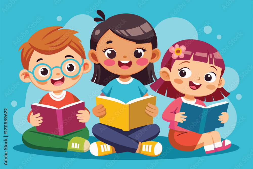 Three kids joyfully reading colorful books together in a bright and playful environment, Kids reading Customizable Cartoon Illustration Three kids joyfully reading colorful books together in a bright and playful environment, Kids reading Customizable Cartoon Illustration