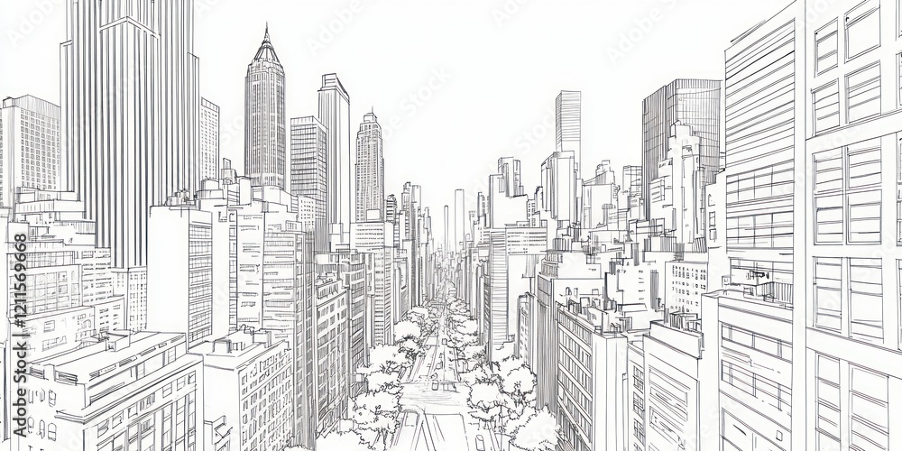 Fototapeta premium A Sketch Depicts a Cityscape of Tall Buildings and Trees