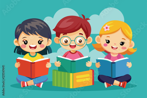 Three children happily reading bright, colorful books, immersed in an enjoyable learning experience together, Kids reading Customizable Cartoon Illustration