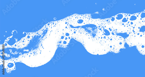 Blue foam soap texture with bubbles and water wash. Clean background with soapy suds and detergent shampoo. Abstract pattern in bath and laundry.