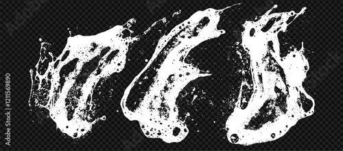 Foam texture soap set with sponge and grunge element at the transparent background. Soapy clean bubble pattern overlay. Wash smear with shampoo and shaving cream.