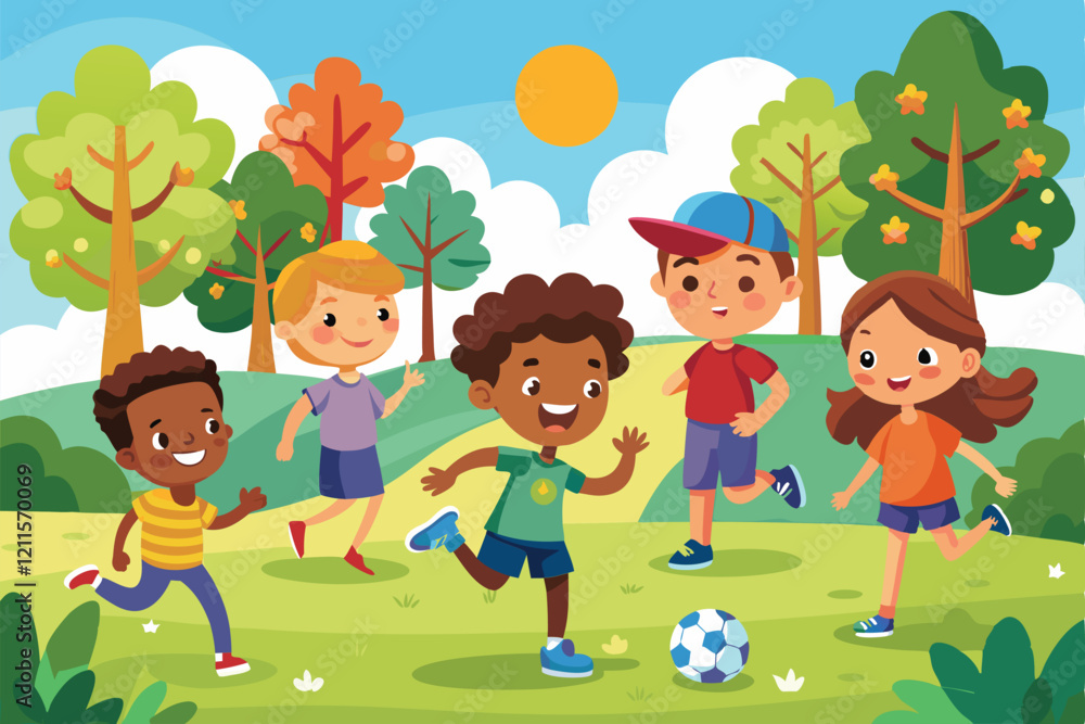 Children are playing soccer together in a vibrant park, enjoying a sunny afternoon filled with laughter and energy, Kids running in a park Children are playing soccer together in a vibrant park, enjoying a sunny afternoon filled with laughter and energy, Kids running in a park