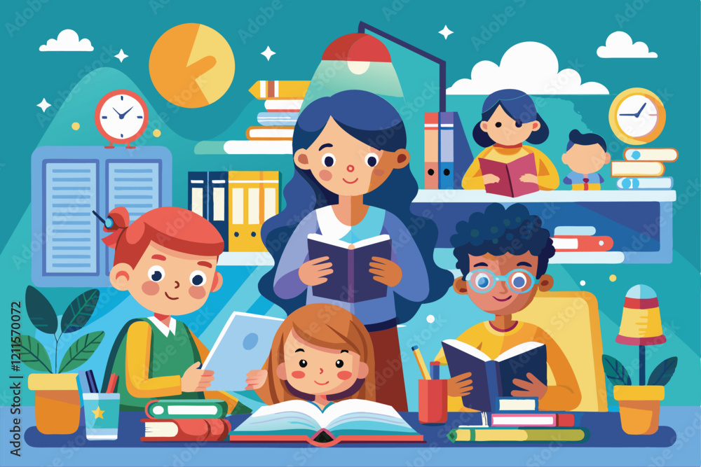 A group of children and their teacher gather at home to study together, sharing books and excitement for learning, Kids studying from home Customizable Disproportionate Illustration A group of children and their teacher gather at home to study together, sharing books and excitement for learning, Kids studying from home Customizable Disproportionate Illustration