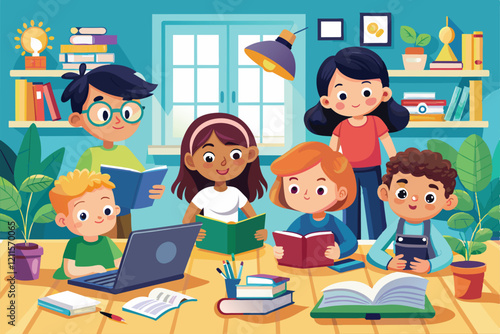 A diverse group of kids engaged in studying and reading together at home, surrounded by books and plants, Kids studying from home Customizable Cartoon Illustration