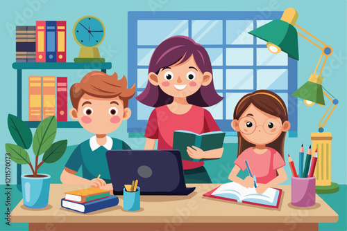 Three kids learn at their desks with books and a laptop, enjoying their homeschool activities, Kids studying from home Customizable Flat Illustration