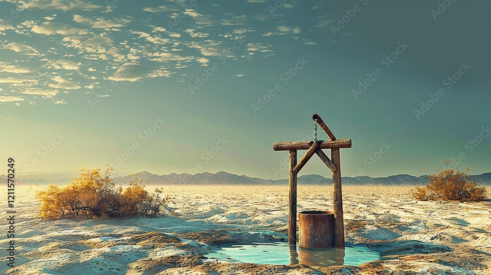 Serene Desert Landscape Featuring a Rustic Well and Clear Water Serene Desert Landscape Featuring a Rustic Well and Clear Water