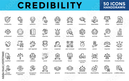 Credibility icons set with trustworthy, reliable, authentic, honest, credible, reputable, transparent, dependable, ethical, legitimate icon. Simple handdrawn vector 
