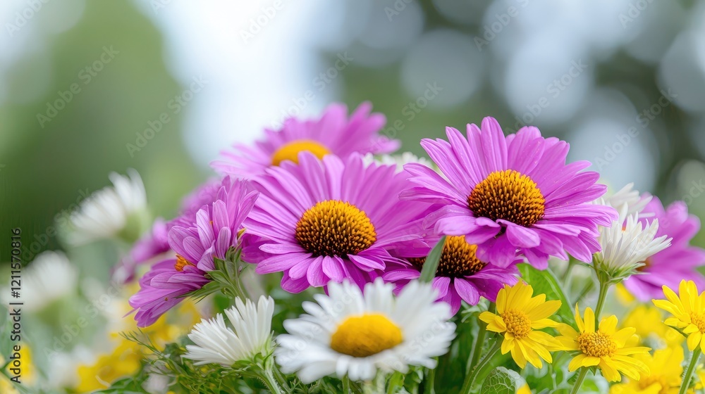 Colorful daisy bouquet, garden setting, blurred background, spring floral arrangement, ideal for greeting cards Colorful daisy bouquet, garden setting, blurred background, spring floral arrangement, ideal for greeting cards