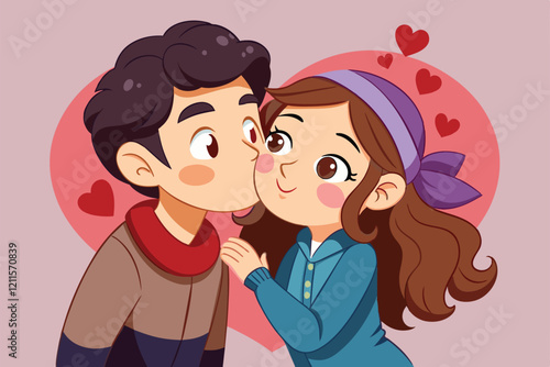 A cartoon couple kisses affectionately surrounded by hearts, expressing love in a playful and vibrant style, Kissing Customizable Cartoon Illustration