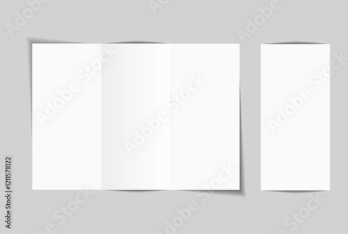 Blank trifold open leaflet, three panel fold with shadows mockup template on background .Open booklet, thank you card, notecards, flyer, greeting card, wedding invitation, postcard, brochure. Vector
 photo