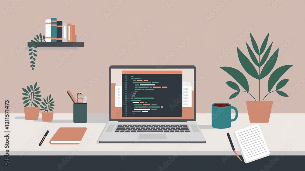 A cozy workspace featuring a laptop displaying code, surrounded by plants, books, a notepad, and a coffee mug, creating an inspiring environment for productivity and creativity. A cozy workspace featuring a laptop displaying code, surrounded by plants, books, a notepad, and a coffee mug, creating an inspiring environment for productivity and creativity.