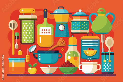 A collection of cooking and dishware items neatly organized against a bright background, perfect for any kitchen, Kitchenware items set, Dishware for cooking and preparing food,